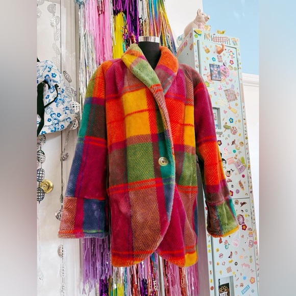 Vintage 80s 90s Bright rainbow plaid faux fur jacket - Picture 2 of 8